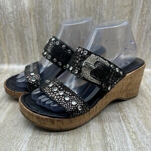 Grazie Cork Wedge Sandals Women 8.5 Black Tan Embellished‎ Rhinestones Buckle